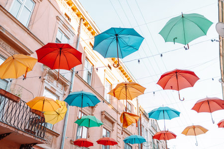 Colorfull umbrellas as festival decoration in urban city center