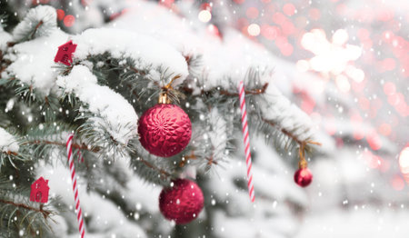 Beautiful Christmas tree outdoor with pink xmas balls, sweet candy cane, snow, lights bokeh around,...