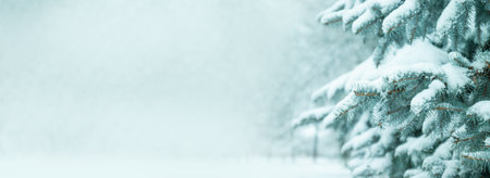 Panoramic view of Winter landscape. Christmas and New Year background with snow-covered spruce