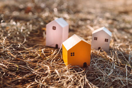 Colorful wooden miniature house on autumn natural grass background with sunlight. Property investment and houseの写真素材