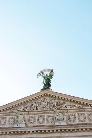 Sculptures adorn front of Lviv Opera and Ballet Theater. Lviv, Ukraine, June to 6 July 2021のeditorial素材