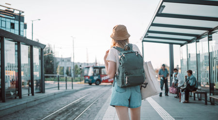 Young blonde female tourist traveler looking for the right direction on a trip map at the bus stop...