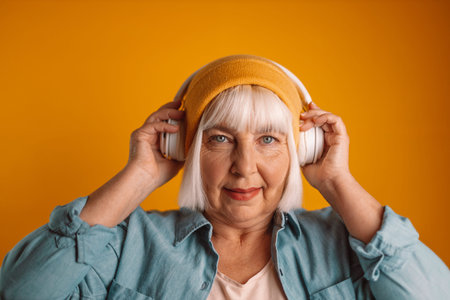 Portrait of mature 50s woman headphones listen to music sing song record voice by mobile cell phone...