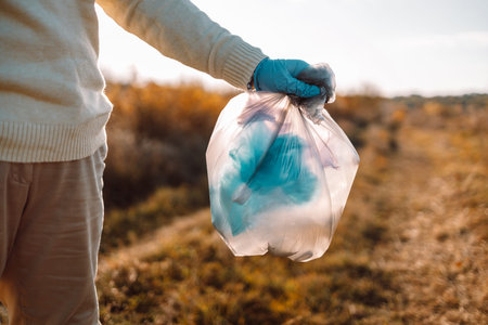 Earth day. Purity of nature. Female cleanup volunteer activist in a rubber gloves hand puts a...