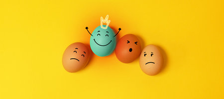 business competition concept. Brown Easter chicken eggs on yellow background.の写真素材