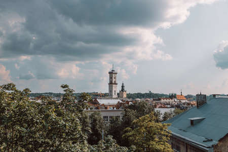 Beautiful landscape view of old town lviv city center on sunset. Lviv region, Ukraine, Europe. Architecture of Lvovの写真素材