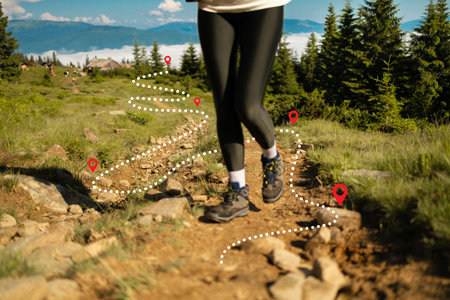 Mountain progression path. Sports shoes on a trail walking in the mountains, outdoor activity