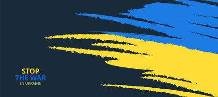 Stop the war in Ukraine inscription, Patriotic Ukraine flag shape vector icon. Ukrainian country symbols in blue yellow ua national colors on dark background. vector illustrationのイラスト素材