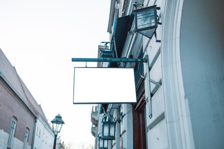 signboard mockup and template empty frame for  text on exterior street advertising city shop background, modern flat styleの写真素材