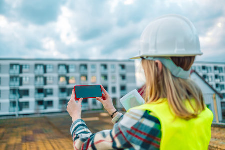 Caucasian 30s engineer woman wearing uniform and safety helmet under inspection and checking construction by phone. Industry working conceptの写真素材