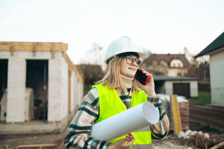 Engineer 30s woman in protective uniform and mask talking on the phone holding documents setting at...