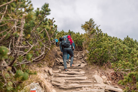 Young Caucasian hiker traveler with backpack adventure gesturing hand finds directions to the...