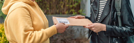 Delivery woman giving paper mail letter parcel to recipient next to the business building