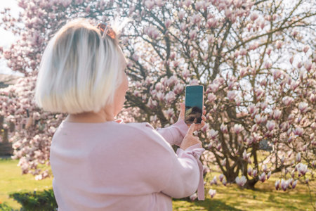 Beauty Caucasian photographer woman take photo sakura or cherry blossom by the smart phone with soft...