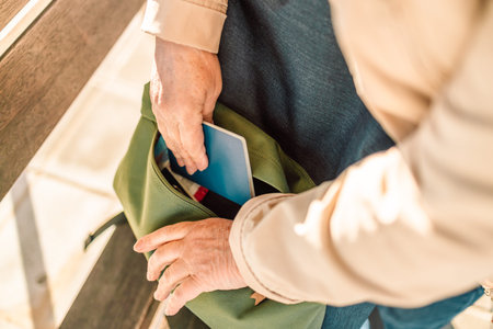 Close-up image of woman putting covid-19 passport in pocket of backpack. Vacation travel adventure...