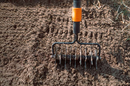 Loosening the soil with a rake in the greenhouse. Close up of an new metal garden rake cleaning earth at spring timeの写真素材