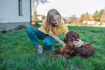 Happy young girl lies on the grass with aIrish setter dog looks at the camera in sunny park at...