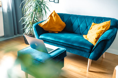 Cozy light living room with blue sofa and laptop, no people. Empty domestic room, cosy homeoffice space at home, modern furniture store advertisement conceptの写真素材