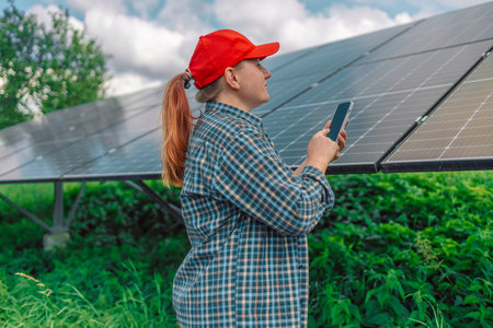 Young woman engineer checks readings of solar panel through phone.
