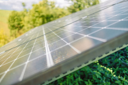 Close up of an young engineer hand is checking an operation of sun and cleanliness of photovoltaic...