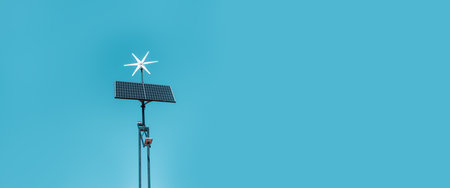 Photovoltaic solar panel against a blue sky with cloud. Environmental protection.の写真素材