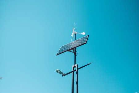 Mini solar cell panel with sunset background, sustainable energy concept.の写真素材