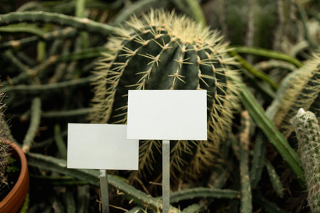 Empty plant label billboard in herbs pot. Fresh eco nature plant growing in the herb garden. Summer...