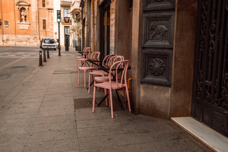 Cafe by the sea, summer terrace, empty table in Valencia Spainの写真素材