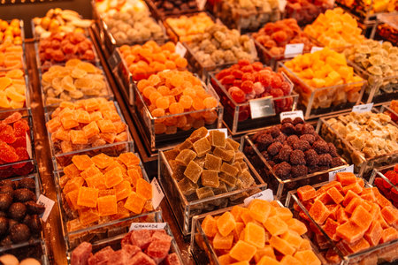 Market stall full of color fruit candy in La Boqueria Market. Barcelona. Catalonia. Market street shopsの写真素材