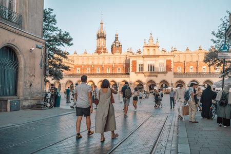 Krakow, Poland - 25 August 2022: People tourists walk around the city center in summer. St. Marys basilica in main square of Krakow. Wawel castle. Historic center city with ancient architecture.のeditorial素材