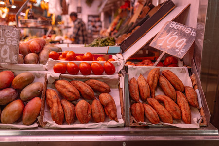 Sweet potatoes piled for market.の写真素材