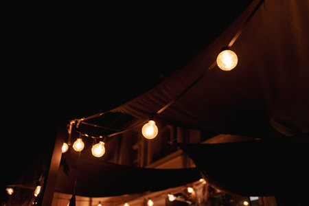 Many light bulbs on the wire. lighting in the cafe. Abstract image.