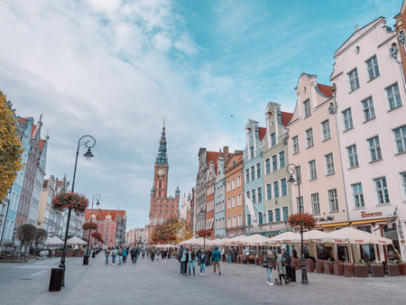 Gdansk, Poland - October 30, 2022:Old City. Long Market street. People on the main market square of...