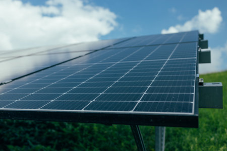 Close-up of Solar cell farm power plant eco technology.landscape of Solar cell panels in a...