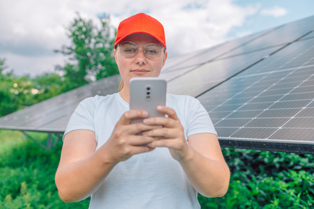 Young woman engineer checks readings of solar panel through phone.の写真素材