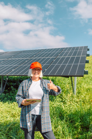 Senior engineer is checking with tablet an operation of sun and cleanliness on field of photovoltaic solar panels on a sunset. Renewable energy, technology, electricity, service conceptの写真素材