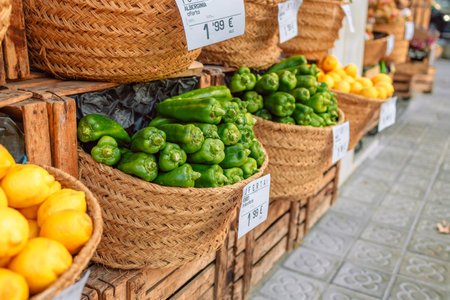 Red paprika for sale at a grocery store in a street market in Barcelona, ââSpainの写真素材