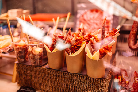 Traditional spanish chorizo, jamon and cheese snacks for takeaway on the famous market at Barcelona, Spain.の写真素材