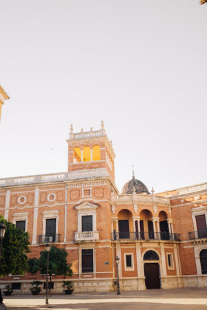 Vintage facade of a beautiful building in the old town of Valencia Spainの写真素材