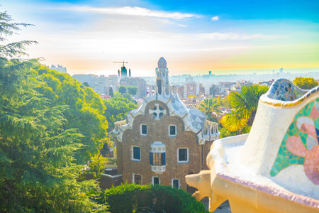 BARCELONA, SPAIN - October 13, 2022: Barcelona at sunrise viewed from park Guell, Barcelona. High...