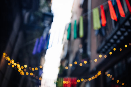 Blurred image of the terrace interior with garland lights. Abstract image. High quality photoの写真素材