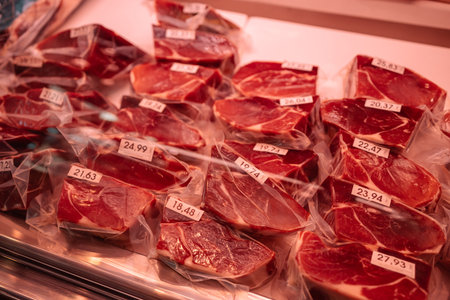 Vacuum-packed meat at La Boqueria market in Barcelona, â€‹â€‹Spain. Famous Iberico meat...