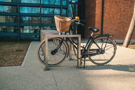 Beautiful black ladies bicycle is parked in a parking lot in a city street. High quality photoの写真素材