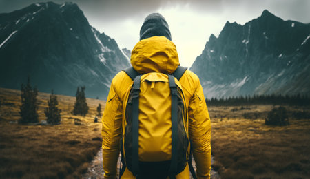 Back view of traveler man tourist in yellow ski jacket with with backpack watching amazing view, standing on road in front of snowy great mountain, generative aiの素材