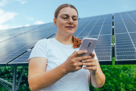 Close-up shot of a young woman with a phone getting acquainted with solar panel on a sunny day, green alternative energy concept. high quality photoの写真素材