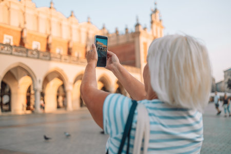 Beautiful Krakow market square, Poland, Europe. A hand taking photo of Sukiennice with smartphone, Krakow, Poland. High quality photoの写真素材