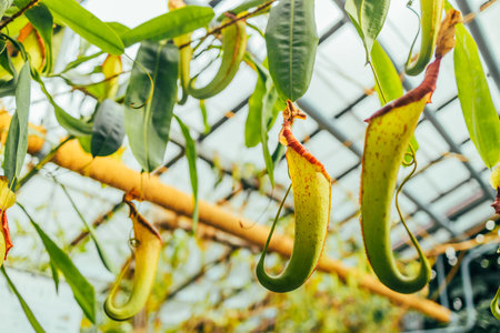 Closeup of Pitcher plants in the botanical garden. These plants eat meat food (insect or spider). Pitcher plant or Carnivorous plants get energy or nitrogen from the insects they eat.の写真素材