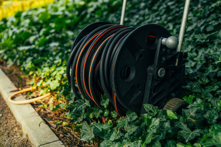 Green Color Rubber Hose for Watering Botanical Garden Plants. High quality photo