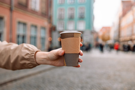 Young smiling woman in coat with coffee cup in evening city street in Gdansk old town. Traveling...