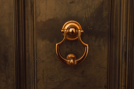 Luxurious wooden door with golden knocker. High quality photoの写真素材